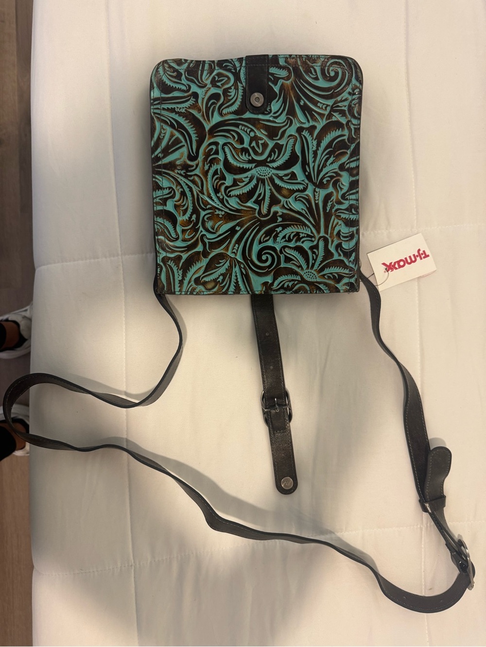 Patricia Nash Turquoise Tooled Leather Floral Crossbody with Black Strap